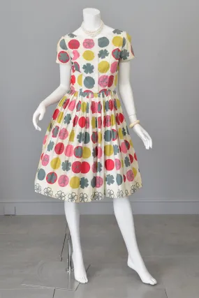 1950s Retro Novelty Print Dots Clovers Flowers 50s Dress 1950s Retro Novelty Print Dots Clovers Flowers 50s Dress