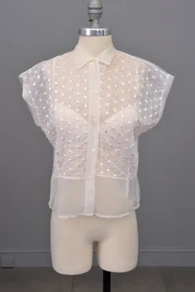 1950s Sheer White Nylon Blouse w Pink Embroidered Flower Dots 1950s Sheer White Nylon Blouse w Pink Embroidered Flower Dots