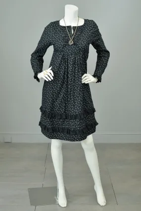 1970s Black White Mixed Print Birdie Polka Dot Baby Doll Peasant Dress 1970s Black White Mixed Print Birdie Polka Dot Baby Doll Peasant Dress