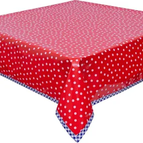 48 x 48 Dot White on Red Oilcloth Tablecloth with Navy Gingham Trim 48 x 48 Dot White on Red Oilcloth Tablecloth with Navy Gingham Trim