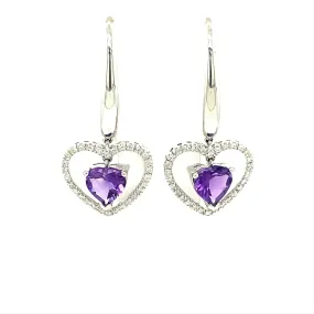 Amethyst and Diamond Heart Shaped Dangle Earrings Amethyst and Diamond Heart Shaped Dangle Earrings