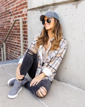 Asher Plaid Button Down Sherpa Lined Shacket - Grey Multi Asher Plaid Button Down Sherpa Lined Shacket - Grey Multi