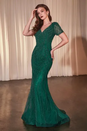 Beaded Fitted Short Sleeve Gown by Ladivine CC4019 Beaded Fitted Short Sleeve Gown by Ladivine CC4019