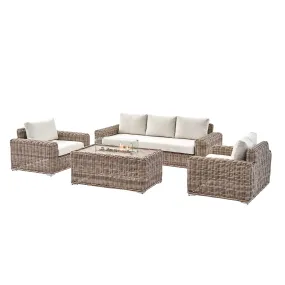Bellagio Round Wicker Sofa Set with Firepit Coffee Table, Natural Bellagio Round Wicker Sofa Set with Firepit Coffee Table, Natural