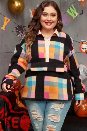 Black Plus Size Checkered Print Sherpa Henley Sweatshirt Black Plus Size Checkered Print Sherpa Henley Sweatshirt