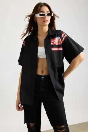 Cotton Poplin Women's Garage Shirt - Black With Sleeve Stripes Cotton Poplin Women's Garage Shirt - Black With Sleeve Stripes