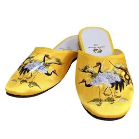 Crane Embroidery Satin Slippers Crane Embroidery Satin Slippers