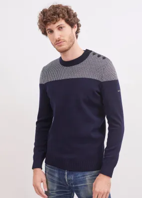 Dinan bicolour sailor jumper - with jacquard elbow patches, in pure new wool (MARINE/ECRU) Dinan bicolour sailor jumper - with jacquard elbow patches, in pure new wool (MARINE/ECRU)
