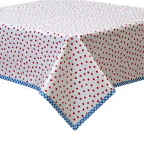 Dot Red Oilcloth Tablecloth with Blue Gingham Trim Dot Red Oilcloth Tablecloth with Blue Gingham Trim