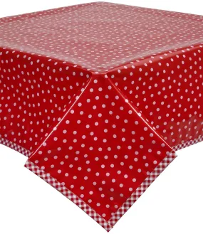 Dot White on Red Oilcloth Tablecloth with Red Gingham Trim Dot White on Red Oilcloth Tablecloth with Red Gingham Trim