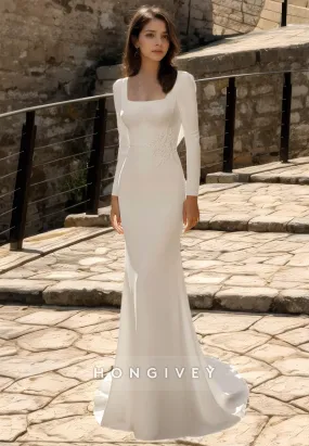 Elegant Square Floor Length Formal Wedding Dress Backless Full Sleeves Long Bride Dress Elegant Square Floor Length Formal Wedding Dress Backless Full Sleeves Long Bride Dress