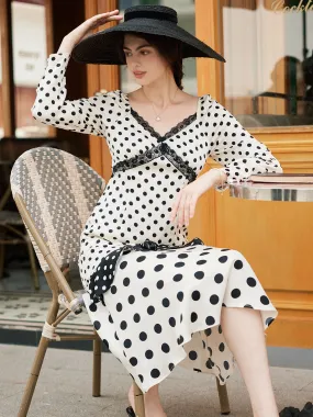 【Final Sale】Ainhoa Elegant V Neck Lace Stitching Polka Dot Color Contrast Dress 【Final Sale】Ainhoa Elegant V Neck Lace Stitching Polka Dot Color Contrast Dress