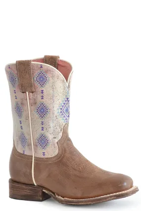 Girls Roper Burnished Tan Square Toe Boot w/ Aztec Design Girls Roper Burnished Tan Square Toe Boot w/ Aztec Design