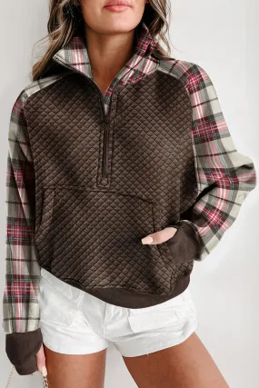 Khaki Printed Plaid Sleeve Patchwork Collared Textured Sweatshirt Khaki Printed Plaid Sleeve Patchwork Collared Textured Sweatshirt