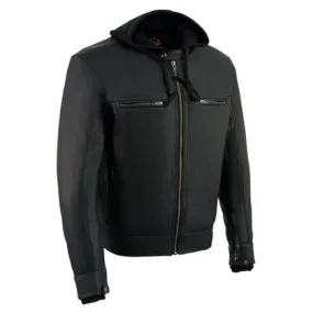 Men's Black Leather ‘Utility Pocket’ Vented Jacket with Removable Hoodie Men's Black Leather ‘Utility Pocket’ Vented Jacket with Removable Hoodie