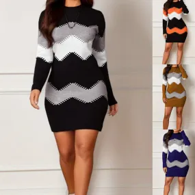 Mid-length Short Skirt Round Neck Long Sleeve Printed Knitted Sheath Dress Mid-length Short Skirt Round Neck Long Sleeve Printed Knitted Sheath Dress