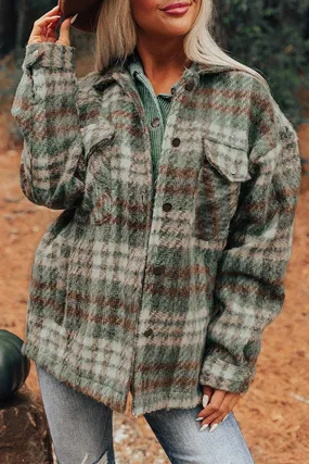 Mist Green Plaid Print Chest Pockets Turn Down Collar Shacket Mist Green Plaid Print Chest Pockets Turn Down Collar Shacket