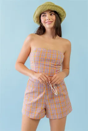 Orange & Aqua Plaid Print Cotton Strapless Crop Top & High Waist Two Pocket Shorts Set Orange & Aqua Plaid Print Cotton Strapless Crop Top & High Waist Two Pocket Shorts Set