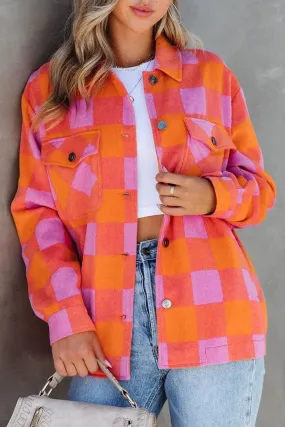 Orange Plaid Chest Pockets Button-up Turn Down Collar Jacket Orange Plaid Chest Pockets Button-up Turn Down Collar Jacket