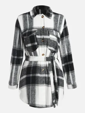 Plaid Thickened Wool Strapped Coat (Black) Plaid Thickened Wool Strapped Coat (Black)