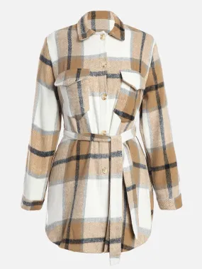 Plaid Thickened Wool Strapped Coat (Khaki) Plaid Thickened Wool Strapped Coat (Khaki)