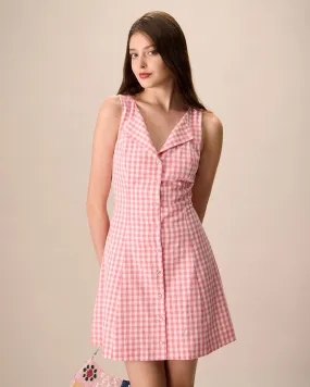 Women's Pink V-Neck Plaid Cotton Mini Dress Women's Pink V-Neck Plaid Cotton Mini Dress